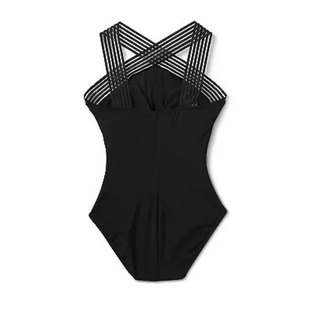 Aqua Green Black Crossover Neckline One Piece‎ Bathing Suit size Small